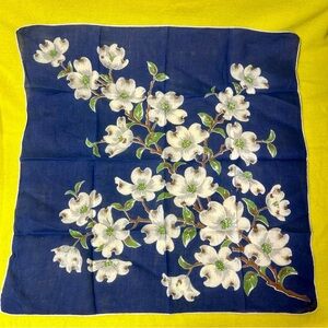 Vintage Blue Linen Floral Handkerchief Dogwood Flowers Hand Rolled 15”x15”